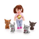 Кукла с домашними животными 3 кошки и собака в коробке 10см