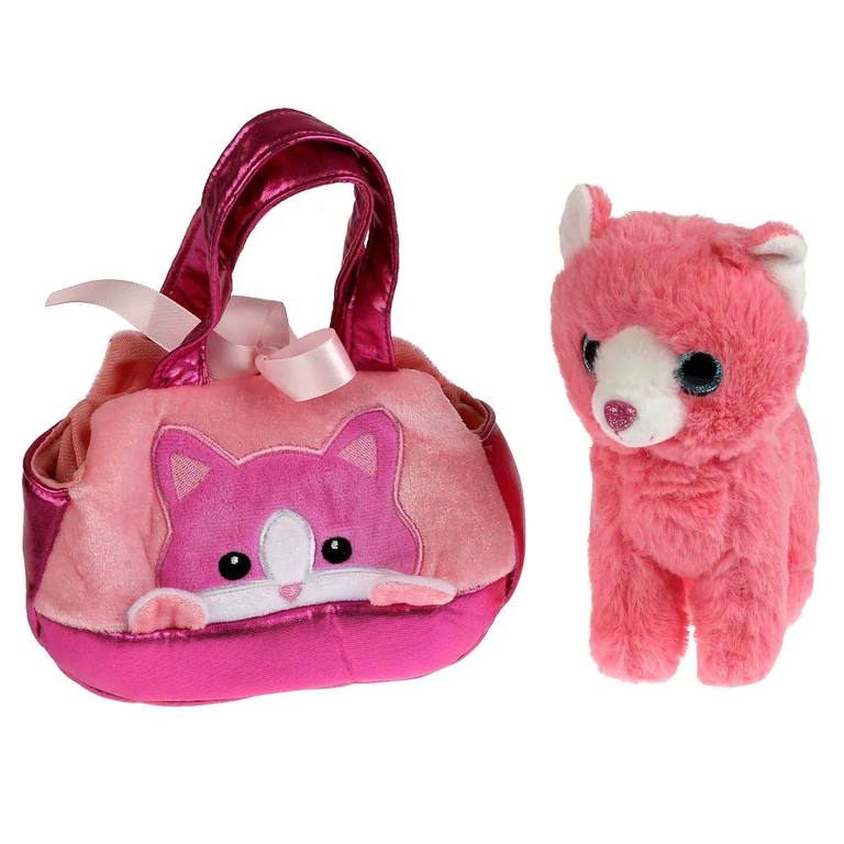 Мягкая игрушка кошка розовая в сумочке