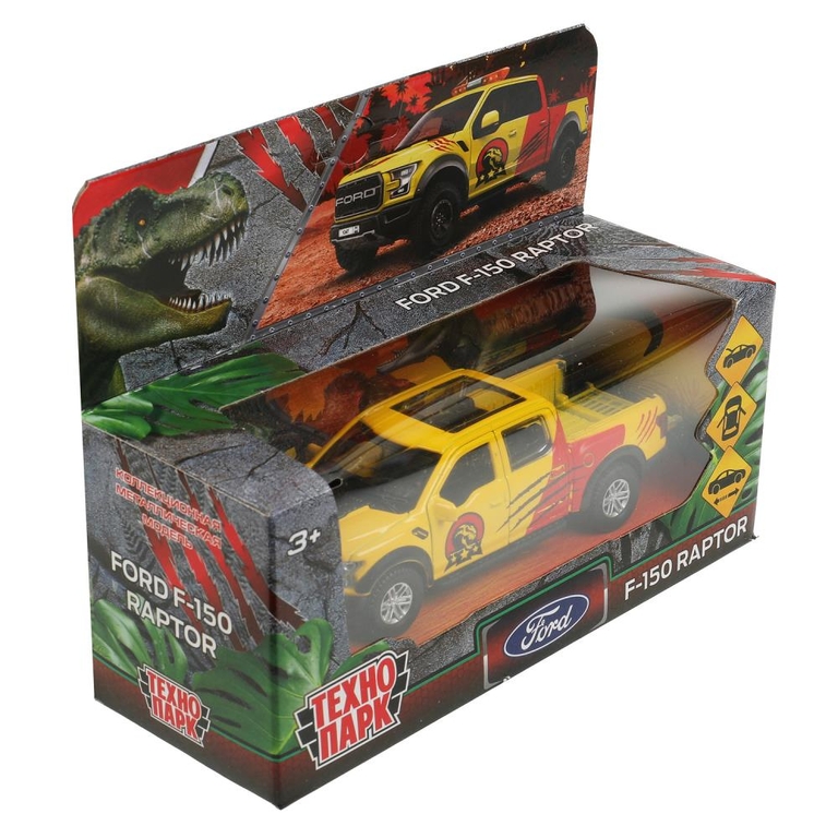 Модель металлическая FORD F150 RAPTOR ДИНОЗАВРЫ 12 см  желтый